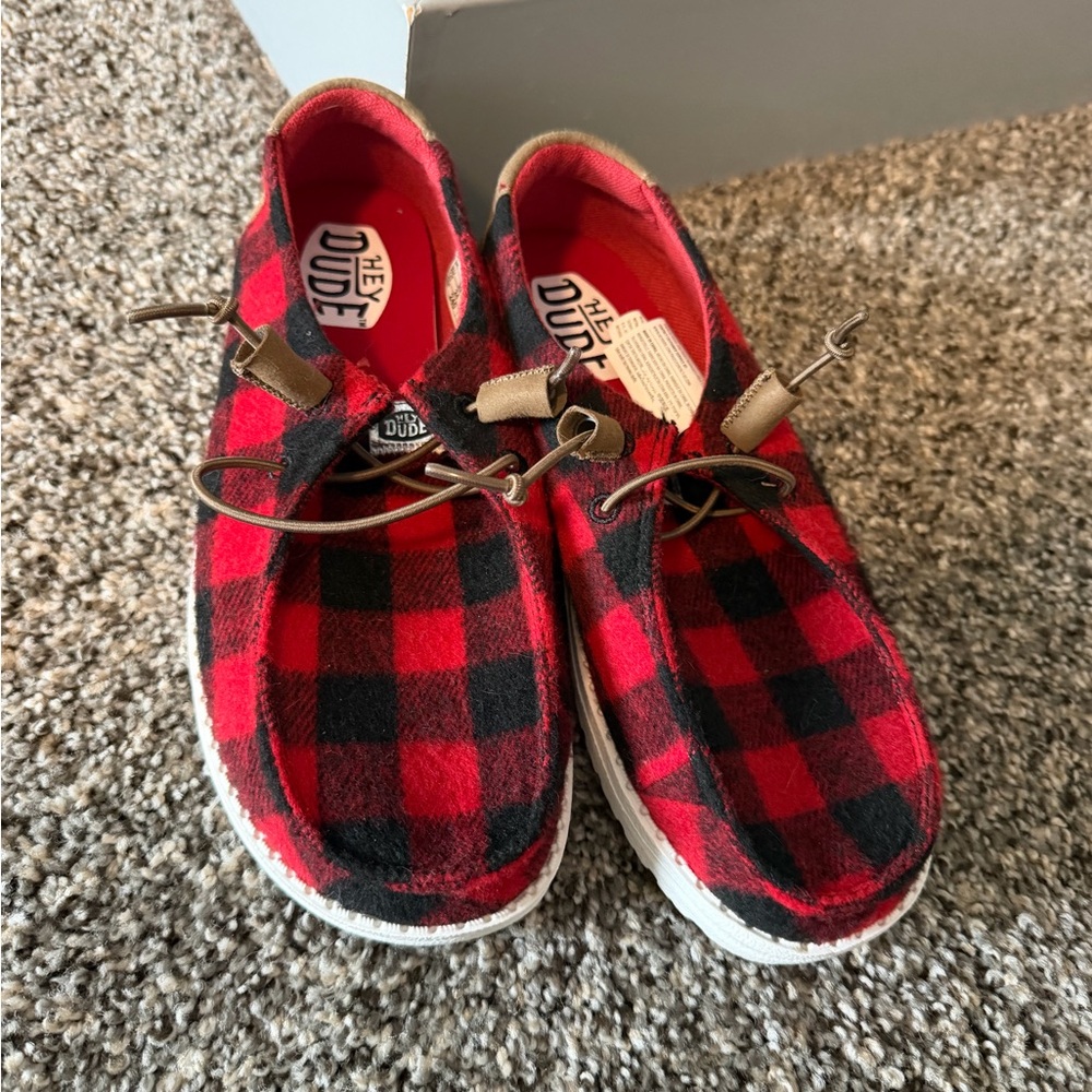 Hey Dude Women’s Red and Black Plaid Moccasins